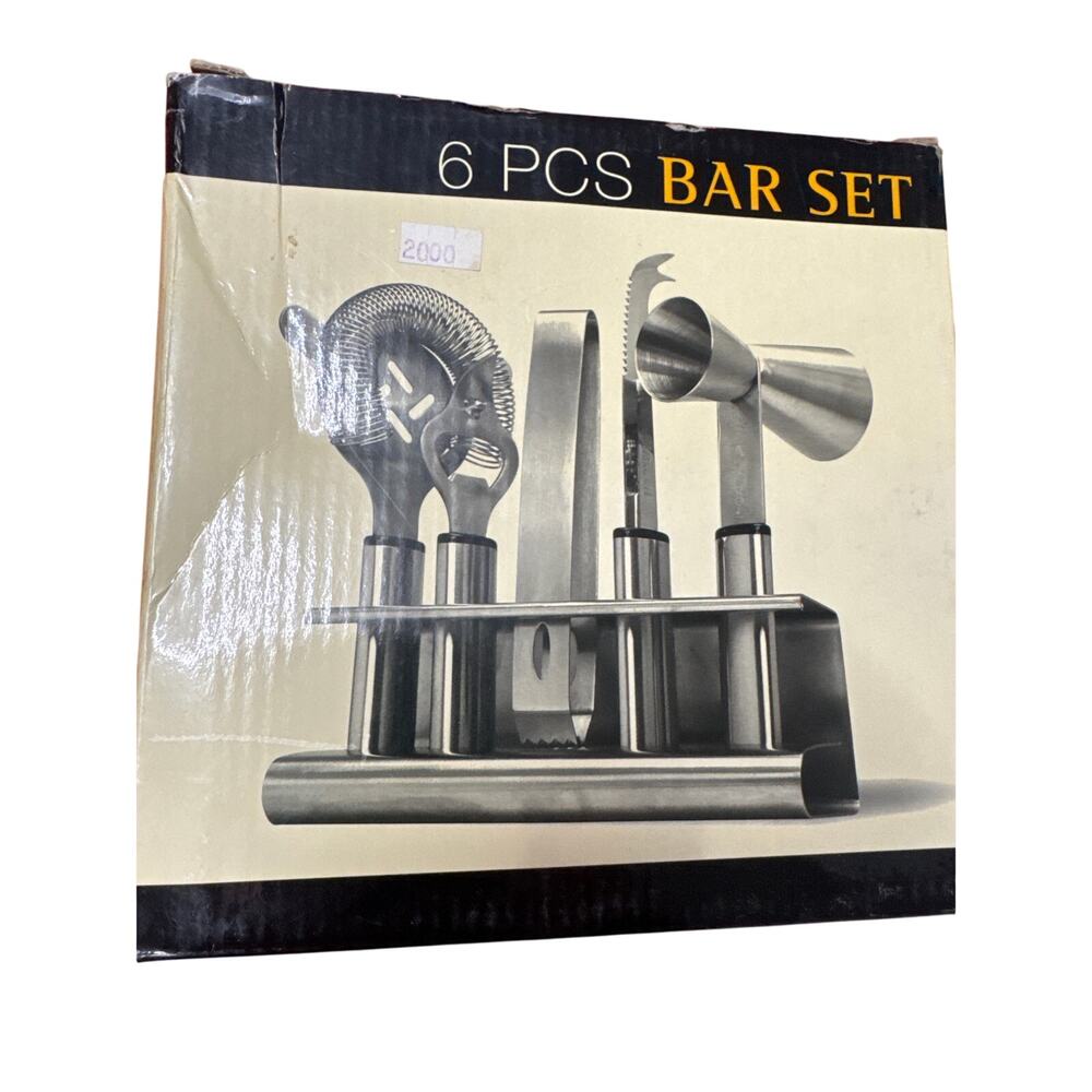 NWT 6 Piece Bar Set of Tools, Cocktail Sieve Opener, Jigger, Knife Tongs & Caddy